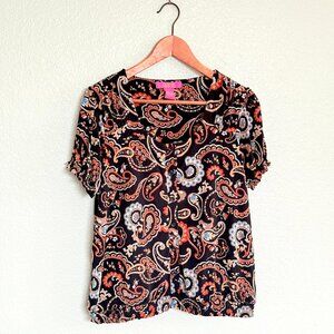 Catherine Malandrino Paisley Blouse Smocked Hem Short Sleeve Blouse Size S